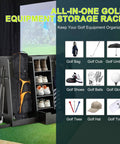 Image of Wooden Golf Bag Organizer And Storage Cabinet For Two Bags With Drawers And Side Club Holders Keeps 12 Clubs Shoes Balls And Gear Neatly In A Modern Black Wood Cabinet For Home Garage Or Clubhouse.
