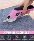 3.7V Cordless Electric Scissors Fast Cutting Fabric Cutter For Carpets Cardboard Leather With Dual Blades And Charging Cable Perfect DIY Sewing Tool Lightweight Handheld Design Easy To Use Powerhouse Pink cutting through fabric