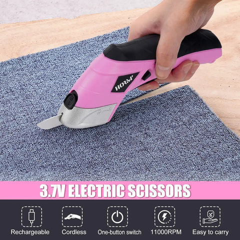 3.7V Cordless Electric Scissors Fast Cutting Fabric Cutter For Carpets Cardboard Leather With Dual Blades And Charging Cable Perfect DIY Sewing Tool Lightweight Handheld Design Easy To Use Powerhouse Pink cutting through fabric