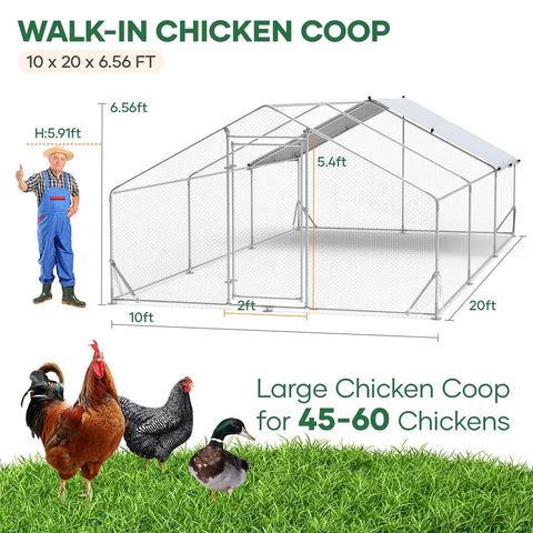 Heavy Duty Metal Chicken Coop With Lockable Door And Waterproof UV Cover, 20x10x6.5 Feet Yard Run For Chickens Rabbits Ducks And Quail