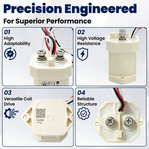 Rock Solid Heavy Duty High Voltage Direct Current Contactor 1000VDC 100 Ampere SPST Normally Open Switch with wires.