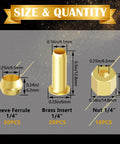 Front view of brass 1/4in compression fittings kit with sleeve ferrule (20), brass insert (20), nut (10).