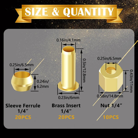 Front view of brass 1/4in compression fittings kit with sleeve ferrule (20), brass insert (20), nut (10).