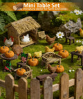 Miniature garden with 10 piece mini garden furniture ornaments set for fairy gardens and cake toppers includes tables, chairs, and benches.