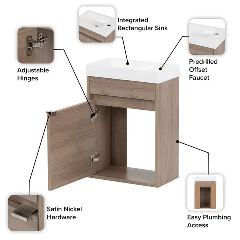 Kambree 15.75 Inch Floating Bathroom Vanity With White Sink Top One Door Cabinet Forest Elm Finish Open Under Sink Storage Detailed Design
