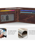 Slim Leather Wallet For Men With RFID Blocking, Minimalist Front Pocket Bifold, open view showing card slots and ID window, mocha color