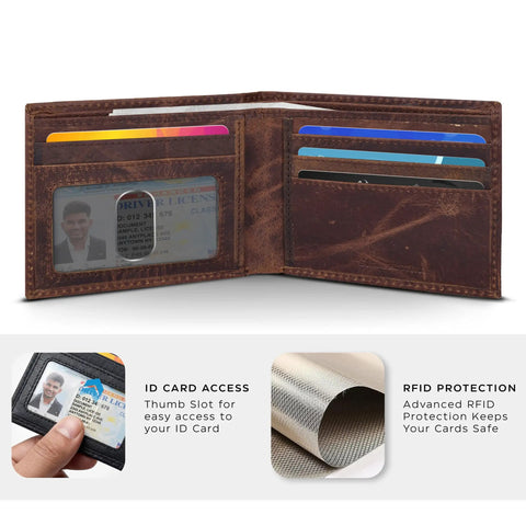 Slim Leather Wallet For Men With RFID Blocking, Minimalist Front Pocket Bifold, open view showing card slots and ID window, mocha color