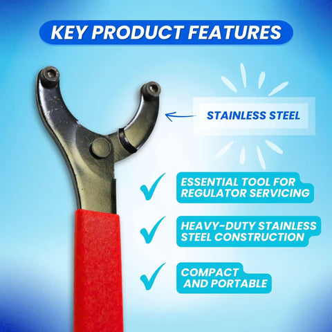 Stainless steel 6.25 Inch Cup Wrench For First Stage Regulator Maintenance And Repair with red grip handle and features list