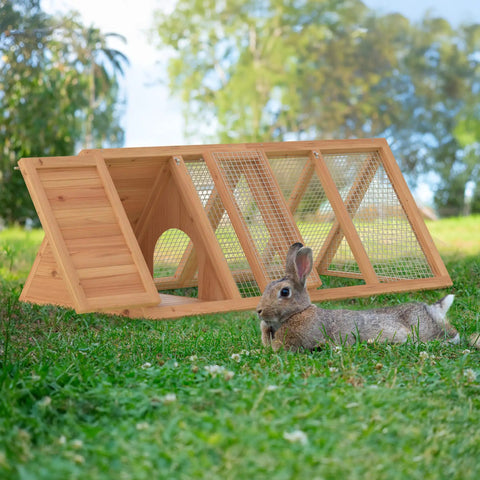 Outdoor A Frame Rabbit Hutch And Small Animal Coop With Two Door Run Cage in a grassy field with rabbit