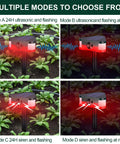 2 Pack 360 Degree Solar Outdoor Motion Sensor Alarm With 3 Loud 129dB Sirens Remote Control 4 Modes Ultrasonic Animal Deterrent For Yard Garden Farm showing garden stake and flashing modes