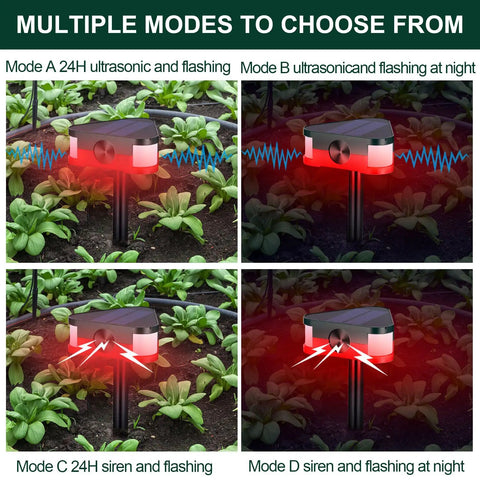2 Pack 360 Degree Solar Outdoor Motion Sensor Alarm With 3 Loud 129dB Sirens Remote Control 4 Modes Ultrasonic Animal Deterrent For Yard Garden Farm showing garden stake and flashing modes