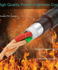 Cutaway view of Dryer Extension Cord 3 Prong 50 Feet Heavy Duty NEMA 10-30P To 10-30R with flame background showing insulation and copper wires.