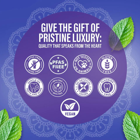 Infographic with product benefits for Mini Disposable Travel Toothbrush With Pre Pasted Toothpaste And Built In Toothpick, including vegan and fluoride-free.
