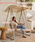 Outdoor Patio Swing Chair With Adjustable Canopy, Heavy Duty Triangular Frame, Single Seat Garden Hammock Swing For Easy Chill And Relaxation with a woman sitting