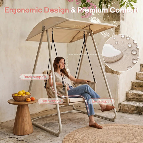 Outdoor Patio Swing Chair With Adjustable Canopy, Heavy Duty Triangular Frame, Single Seat Garden Hammock Swing For Easy Chill And Relaxation with a woman sitting