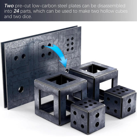 Welding Practice Kit with twenty-four pieces of one-eighth inch eleven gauge steel sheets for cubes and dice