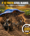 Close-up of cordless garden tiller in action with 48 steel tines, highlighting soil cultivation at 330 RPM.