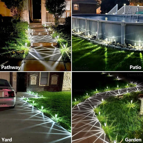 Solar LED Outdoor Stake Lights Pack Of 10 Waterproof Stainless Steel Yard Pathway Garden Driveway Walkway Landscape Lighting 6000K Cool White, installed in various outdoor settings
