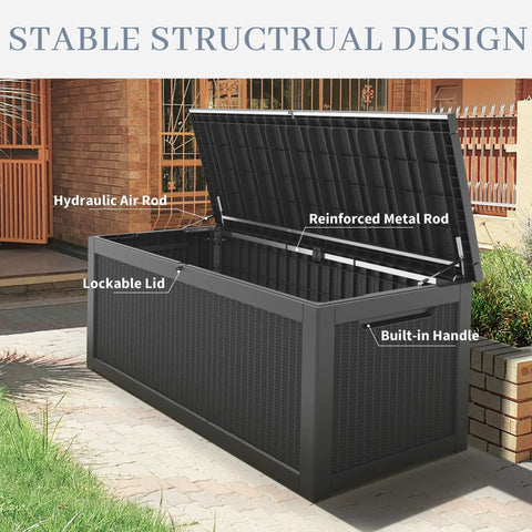 320 Gallon Outdoor Storage Box Resin Deck Box Waterproof For Patio Furniture Garden Tools And Pool Supplies Lockable And UV Resistant Rattan Black Heavy Duty Finish with highlighted structural features