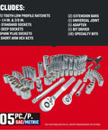 105 Piece Mechanics Tool Set With SAE And Metric Sockets, One Quarter Inch And Three Eighth Inch Drive, arranged with case closed.