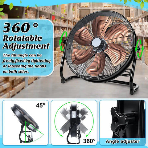 20 Inch High Velocity Industrial Drum Fan With 5703 CFM showcasing 360-degree rotation feature in warehouse setting