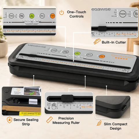 Straight Up Game Changing Compact Vacuum Sealer Machine With One Touch Automatic Sealing controls and built-in cutter with precise ruler.