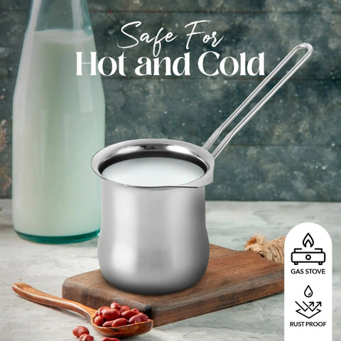 Stainless Steel Coffee Warmer 22oz With Ergonomic Hanging Handle For Turkish And Greek Coffee Lovers on a kitchen counter.