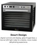 Premium Heavy Duty Digital Food Dehydrator Featuring Stainless Steel Rack Trays And Whisper Quiet Airflow System For Rapid Jerky Fruit Vegetable Nut Drying Hella Smooth Kitchen Essential That Truly Slaps with digital controls and glass door.