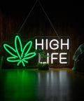 Dimmable LED Neon Sign For Marijuana And Cannabis Wall Decor, green leaf and 'HIGH LIFE' text, USB powered, 17x9 inch glow