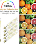 Dimmable T10 Vintage LED Bulbs 2700K Warm White E26 6W 8.9 Inch Clear Glass 6 Pack showcasing CRI 80+ color rendering with fruits