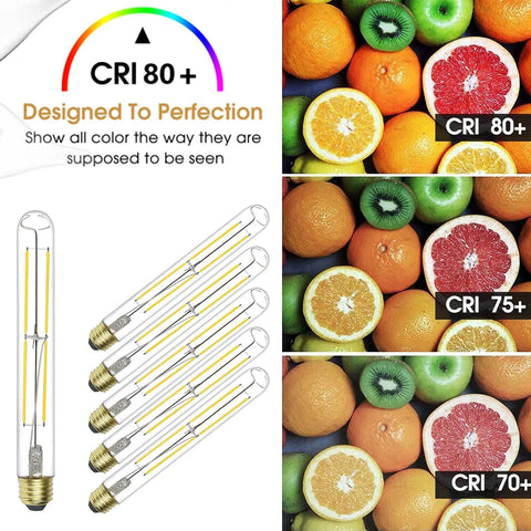 Dimmable T10 Vintage LED Bulbs 2700K Warm White E26 6W 8.9 Inch Clear Glass 6 Pack showcasing CRI 80+ color rendering with fruits