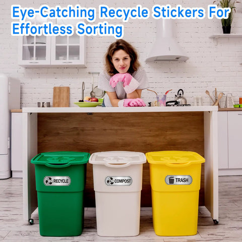 3 Pack Recycle Stickers For Trash Bins Self Adhesive Waterproof Brushed Silver Compost And Recycling Indoor Outdoor Use For Kitchen Office Garbage Cans on bins in kitchen