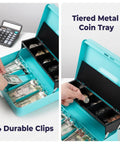 Heavy Duty Locking Cash Box With Key Lock And Built In Money Tray Portable Metal Cash Safe For Cash And Coins Yard Sale Garage Sale Money Organizer For Small Business Durable Cyan with built-in money tray and key lock shown open and in use.
