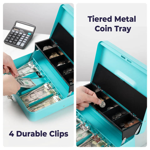 Heavy Duty Locking Cash Box With Key Lock And Built In Money Tray Portable Metal Cash Safe For Cash And Coins Yard Sale Garage Sale Money Organizer For Small Business Durable Cyan with built-in money tray and key lock shown open and in use.