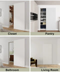 Premium Fluted Panel Concealed Barn Door 36 By 84 Inches shown in closet, pantry, bathroom, and living room settings.