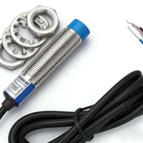 Inductive Proximity Sensor Switch For Industrial Automation, 3-Wire DC 6-36V, NPN Normally Open Output, shown with cable and fittings