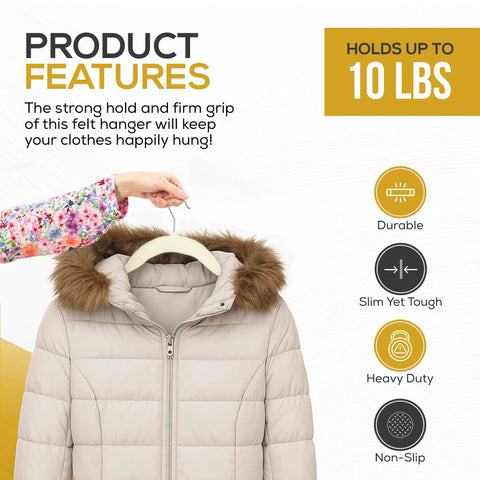 Close-up of hand holding 50 Pack Ultra Slim Velvet Closet Hangers Top Shelf Non Slip Felt Coat Jacket Dress Organizers Space Saving Closet Game Heavy Duty Swivel Hook Smooth Glide Ivory with durable design.