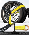 Heavy Duty Car Tie Down Straps For Trailers 2 Inch By 12 Foot, 10000 Lbs Break Strength, showing tire application and D-ring.