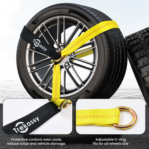 Heavy Duty Car Tie Down Straps For Trailers 2 Inch By 12 Foot, 10000 Lbs Break Strength, showing tire application and D-ring.
