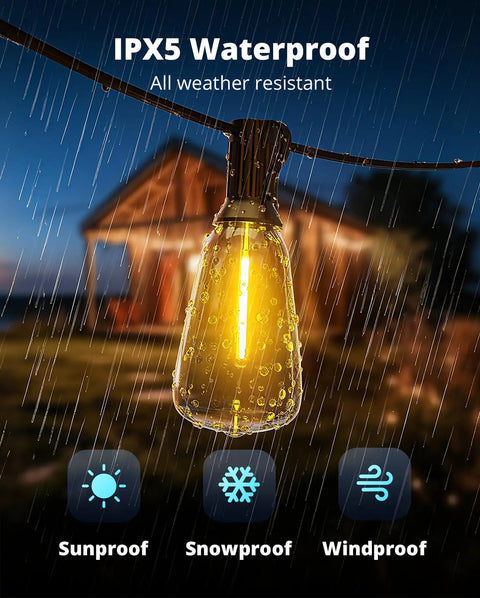 Outdoor String Lights 25 Foot LED Patio Lights With Shatterproof Edison Bulbs And Spare Connectable Up To 78 Strands IPX5 Waterproof