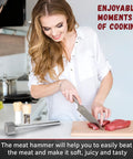 Woman slicing meat with Dual-Sided Aluminum Meat Mallet Tenderizer for Steaks Veal and Chicken on the countertop