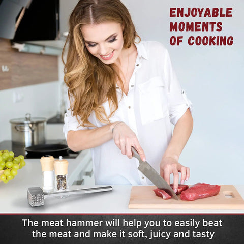 Woman slicing meat with Dual-Sided Aluminum Meat Mallet Tenderizer for Steaks Veal and Chicken on the countertop
