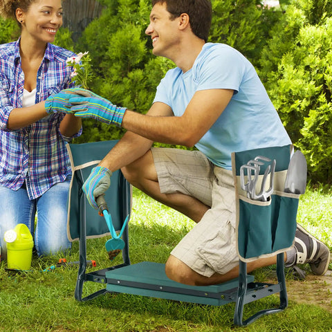 Foldable Garden Kneeler And Seat With 8 Inch Wide EVA Foam Pad, Heavy Duty Garden Stool With Two Big Tool Pouches in use