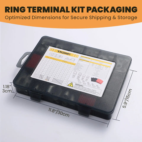 Thick Copper Wire Lugs Kit packaging with dimensions shown, contains 176-Pc 10 Types Ring Terminals and 88-Pc Battery Cable Ends