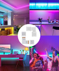L Shape 4 Pin LED Connector Kit With 22 Clips, 10mm Strip Lights demo in various room settings, corner and straight connectors