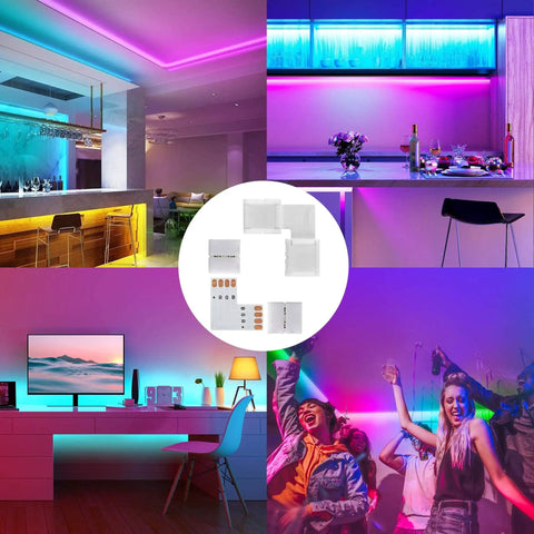 L Shape 4 Pin LED Connector Kit With 22 Clips, 10mm Strip Lights demo in various room settings, corner and straight connectors