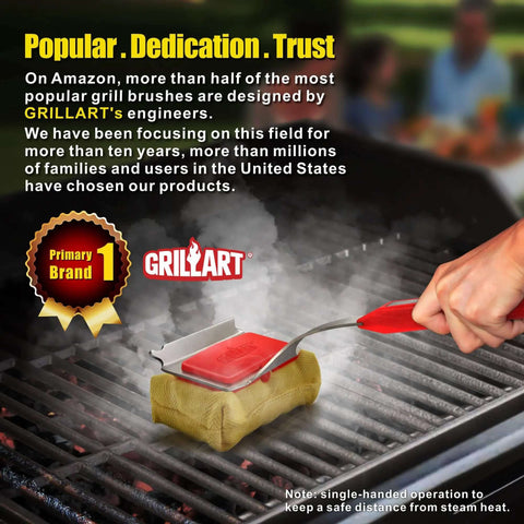 No Bristle Grill Brush With Replaceable Cleaning Head being used on cast iron grill grates, with steam cleaning feature.