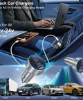 98W Usb C Car Charger Straight Up Crushes Fast Charging Needs With Four Ports for 12-24V vehicles, shown with a phone charging.