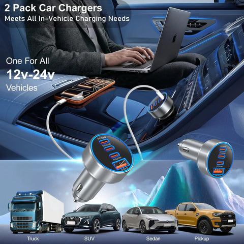 98W Usb C Car Charger Straight Up Crushes Fast Charging Needs With Four Ports for 12-24V vehicles, shown with a phone charging.