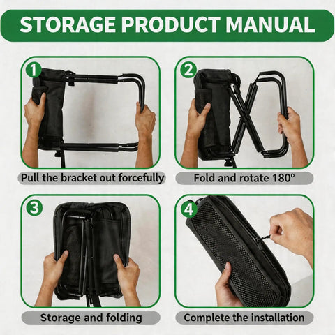 Manual showing steps to fold and store the 2-Pack 2-In-1 Folding Chair And Backpack Chair With Storage And Adjustable Strap Portable Stool